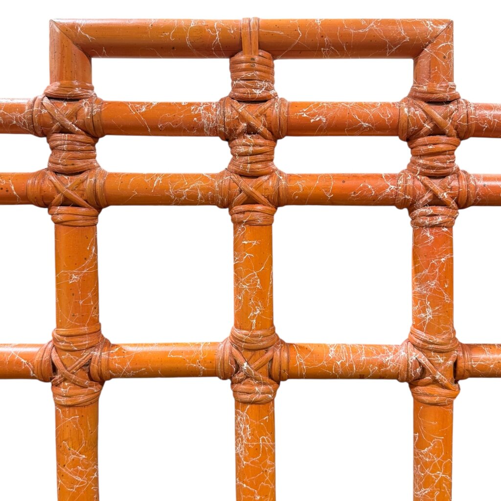 Vintage Ficks Reed Hollywood Regency / Coastal Boho Bamboo Chippendale King Headboard w/ Original Orange Crackle Lacquer Finish 81Lx41H
