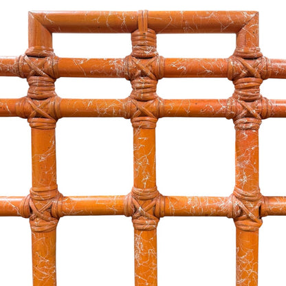 Vintage Ficks Reed Hollywood Regency / Coastal Boho Bamboo Chippendale King Headboard w/ Original Orange Crackle Lacquer Finish 81Lx41H