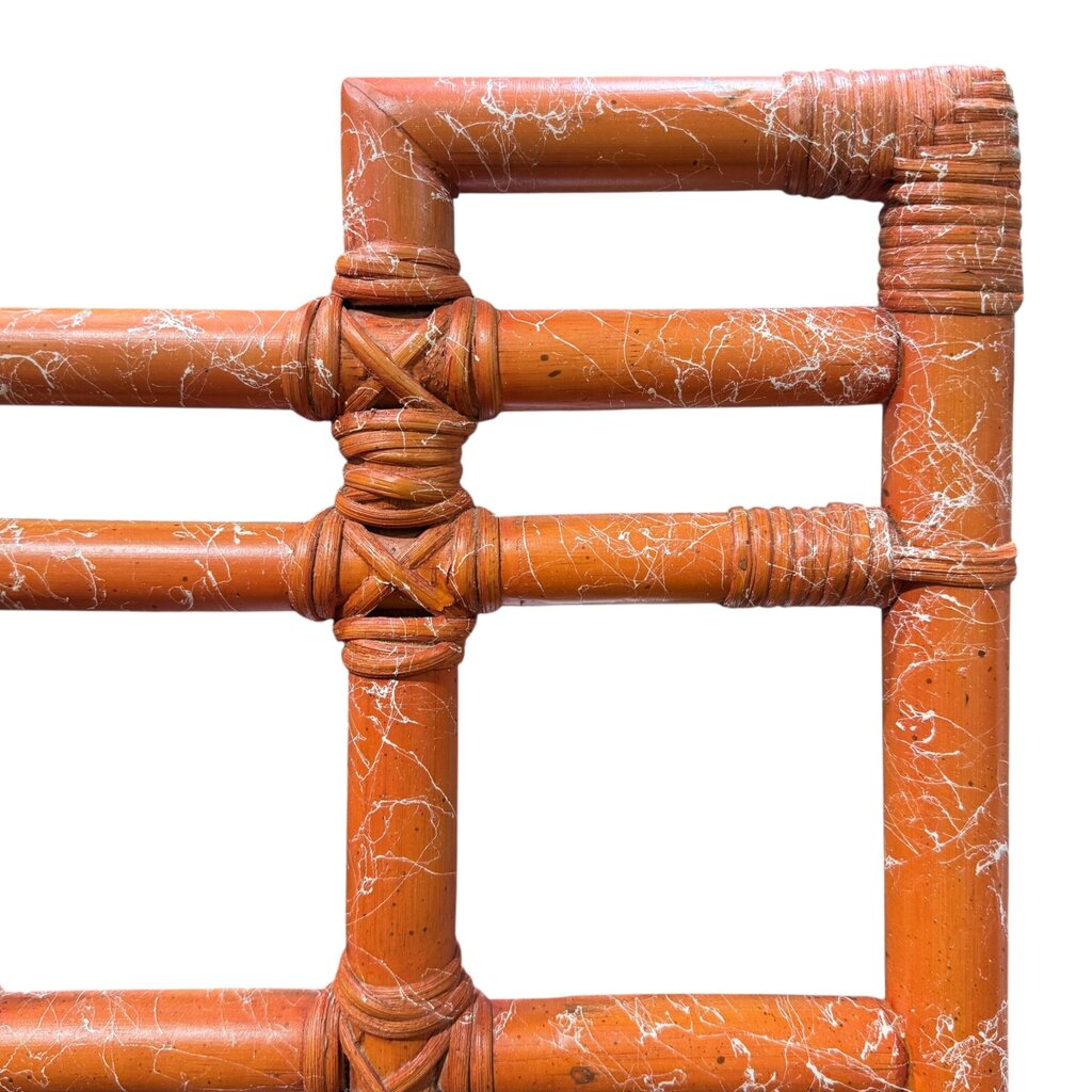 Vintage Ficks Reed Hollywood Regency / Coastal Boho Bamboo Chippendale King Headboard w/ Original Orange Crackle Lacquer Finish 81Lx41H
