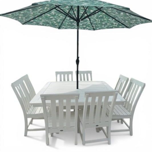 POLYWOOD 11pc All-Weather Patio Dining Set – w/ 8 Chairs & 60Lx60W Table, Umbrella & Stand