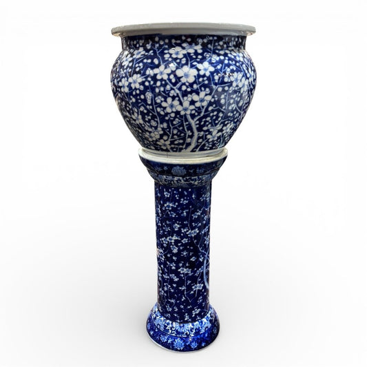 Blue & White Jardinier Bowl / Planter on Stand (note the hairline crack in the bowl)