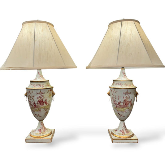 Sarreid LTD Vintage Chinoiserie Ceramic Urn Table Lamps w/ Lion Ring Handles a Pair 21Lx21Wx35H