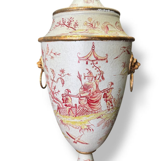 Sarreid LTD Vintage Chinoiserie Ceramic Urn Table Lamps w/ Lion Ring Handles a Pair 21Lx21Wx35H
