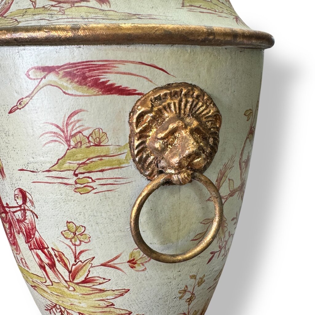 Sarreid LTD Vintage Chinoiserie Ceramic Urn Table Lamps w/ Lion Ring Handles a Pair 21Lx21Wx35H