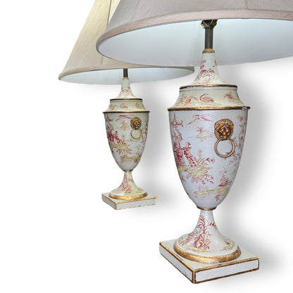 Sarreid LTD Vintage Chinoiserie Ceramic Urn Table Lamps w/ Lion Ring Handles a Pair 21Lx21Wx35H
