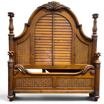 Vintage Plantation Style Queen Headboard w/ Shutter Panels & Cane Insets