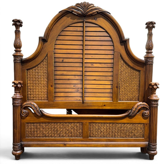 Vintage Plantation Style Queen Headboard w/ Shutter Panels & Cane Insets