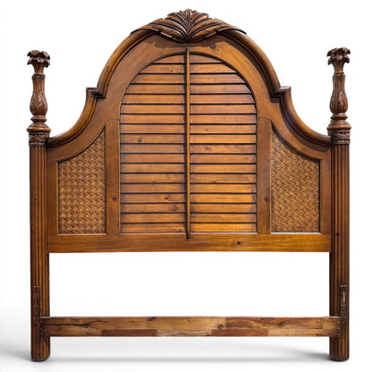 Vintage Plantation Style Queen Headboard w/ Shutter Panels & Cane Insets