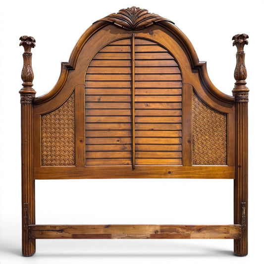 Vintage Plantation Style Queen Headboard w/ Shutter Panels & Cane Insets