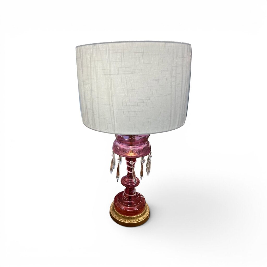 Vintage Pink Glass & Crystal Table Lamp w/ Drum Shade