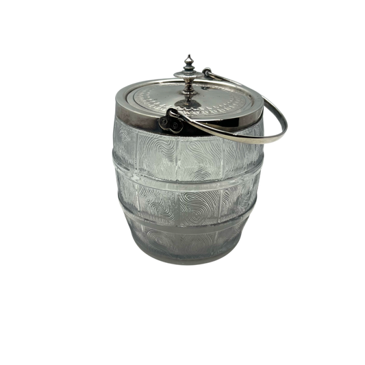 Vintage Frosted Glass Ice Bucket Barrel w/ Silver Tone Lid and Handle 8Lx7Hx7H
