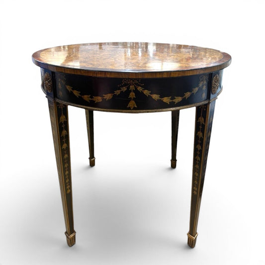 Burton Ching Hand-Painted Adams Style Accent Table – Crotch Burl Walnut Top - 28Lx28Wx28H