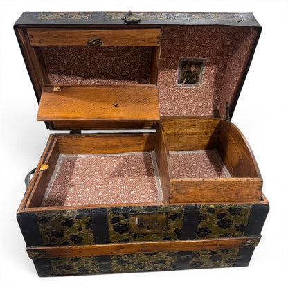 Antique Embossed Leather Dome-Top Sewing Box / Work Box 20Lx12Wx13H
