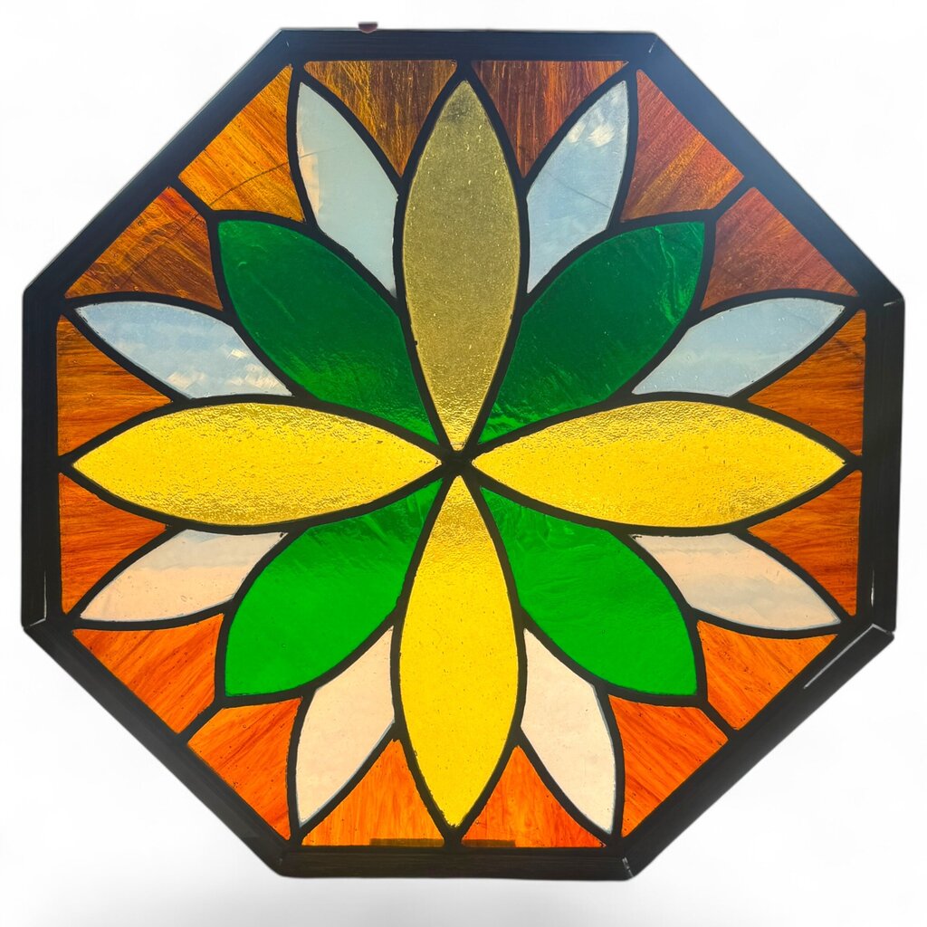 Vintage Stained Glass Window Panel – Floral Geometric Design 19x19