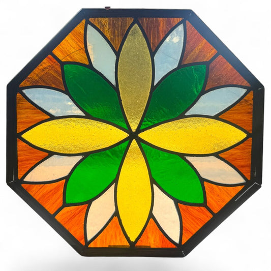 Vintage Stained Glass Window Panel – Floral Geometric Design 19x19