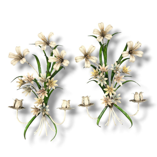 Vintage Metal Floral Wall Candle Sconce 24Lx5Wx9H Pair