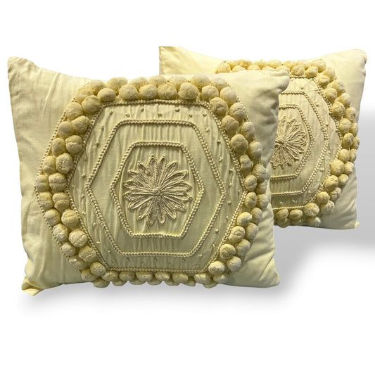Pottery Barn Yellow Pom-Pom Accent Pillows Set of 2 18Lx18Wx6H
