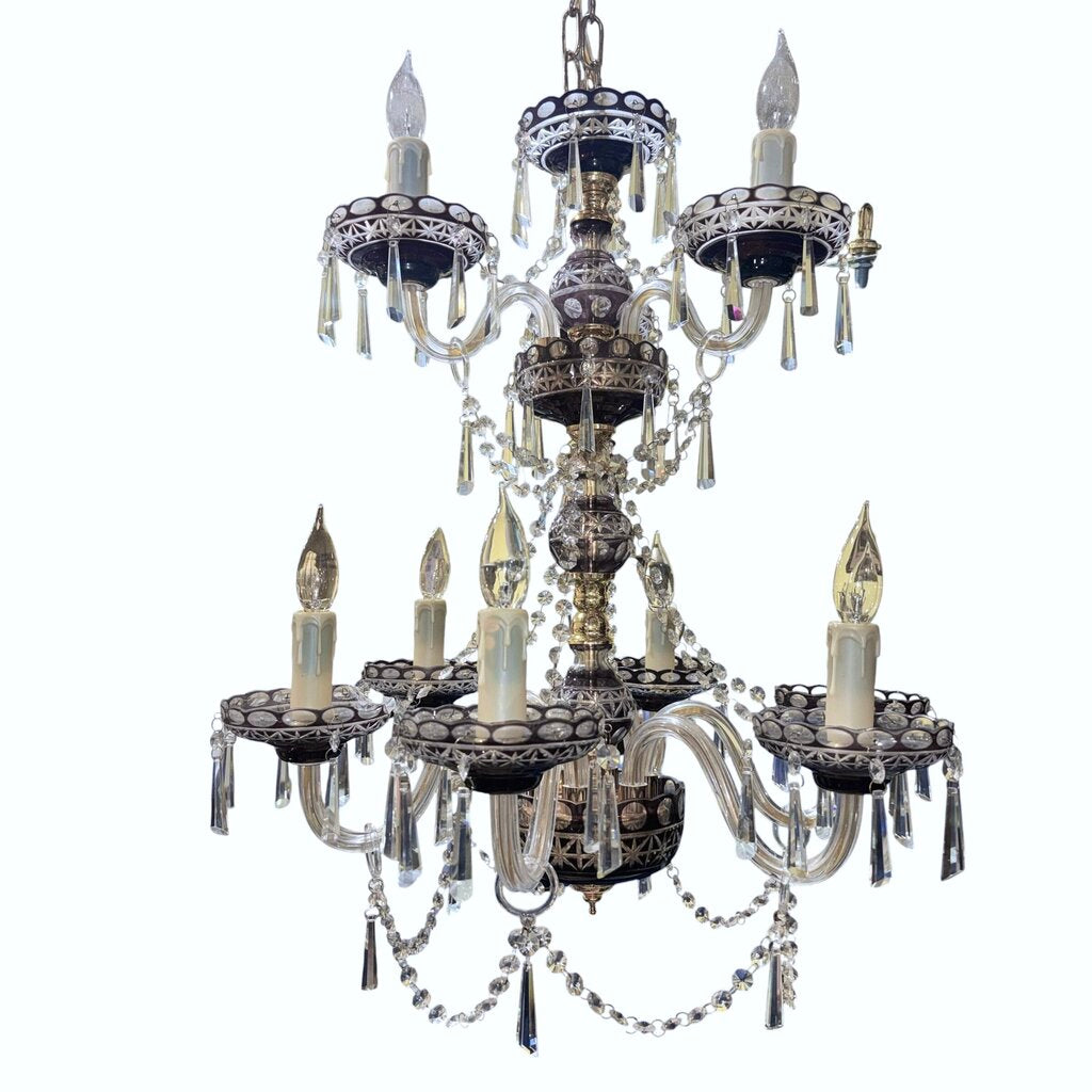 Vintage Bohemian Amethyst Cut-to-Clear Crystal 9-Light Chandelier 24Lx24Wx32H