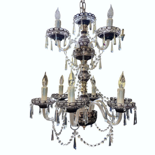 Vintage Bohemian Amethyst Cut-to-Clear Crystal 9-Light Chandelier 24Lx24Wx32H