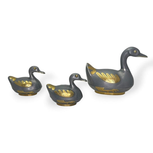 Vintage Hong Kong Duck Form Covered Bowls Set of 3 Gray Metal w/ Brass Accents