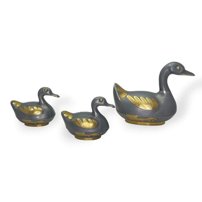 Vintage Hong Kong Duck Form Covered Bowls Set of 3 Gray Metal w/ Brass Accents