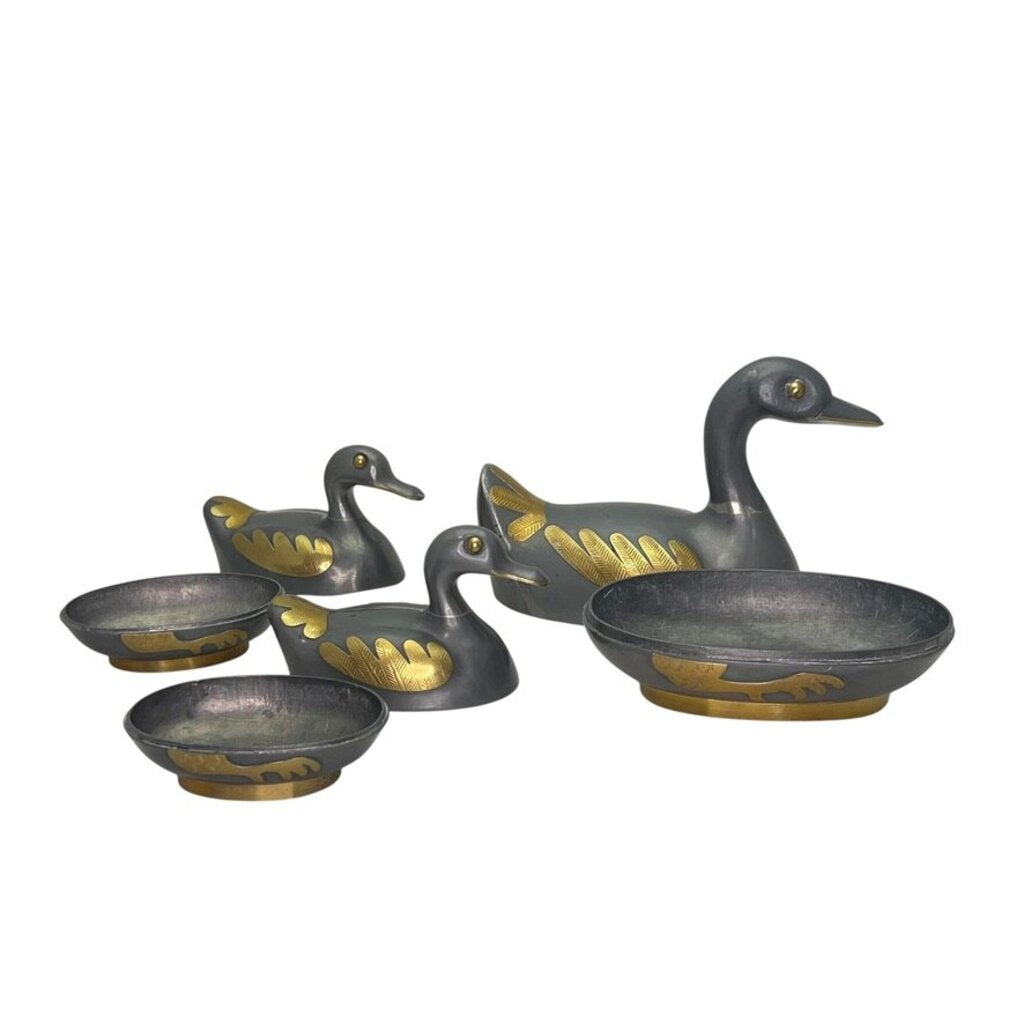Vintage Hong Kong Duck Form Covered Bowls Set of 3 Gray Metal w/ Brass Accents