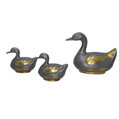 Vintage Hong Kong Duck Form Covered Bowls Set of 3 Gray Metal w/ Brass Accents