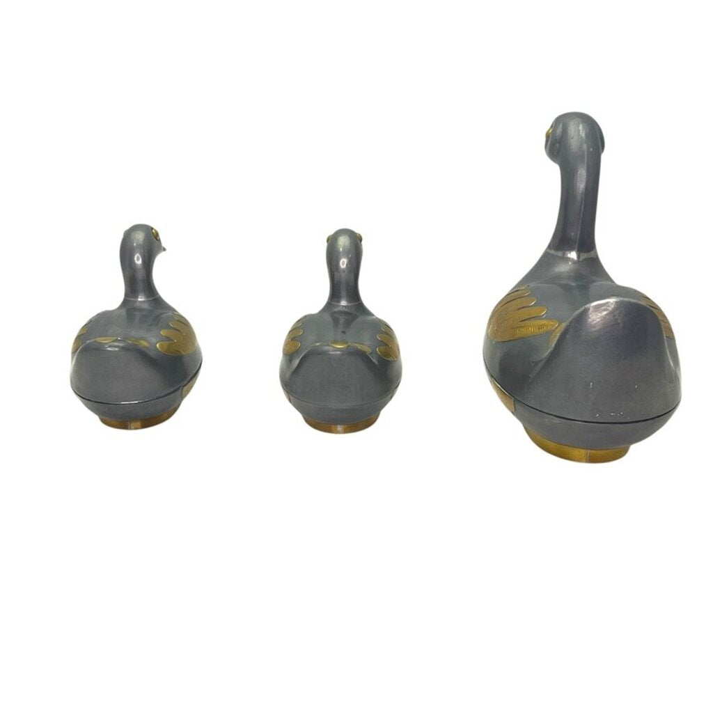 Vintage Hong Kong Duck Form Covered Bowls Set of 3 Gray Metal w/ Brass Accents