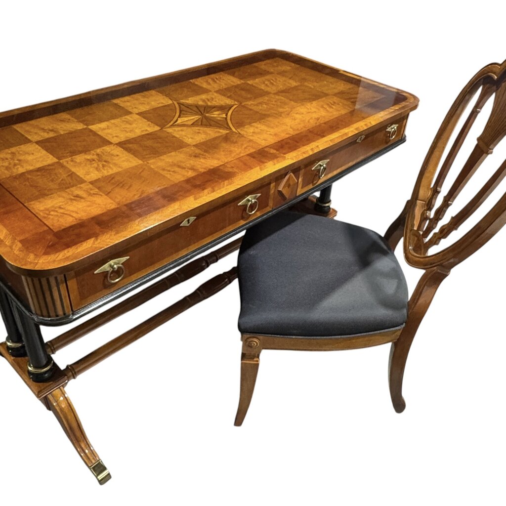 Vintage English Regency Parquet Inlaid Writing Desk & Matching Inlaid Chair 52Lx26Wx30H