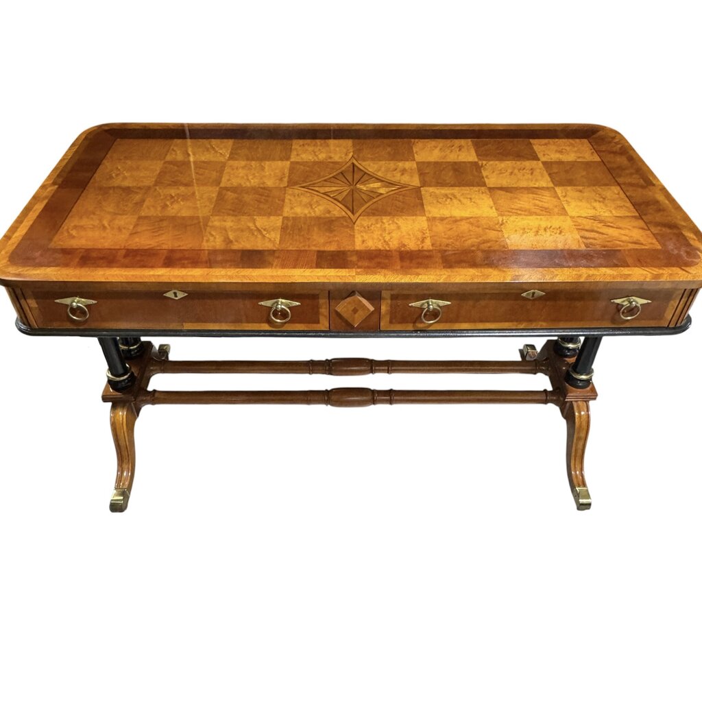 Vintage English Regency Parquet Inlaid Writing Desk & Matching Inlaid Chair 52Lx26Wx30H