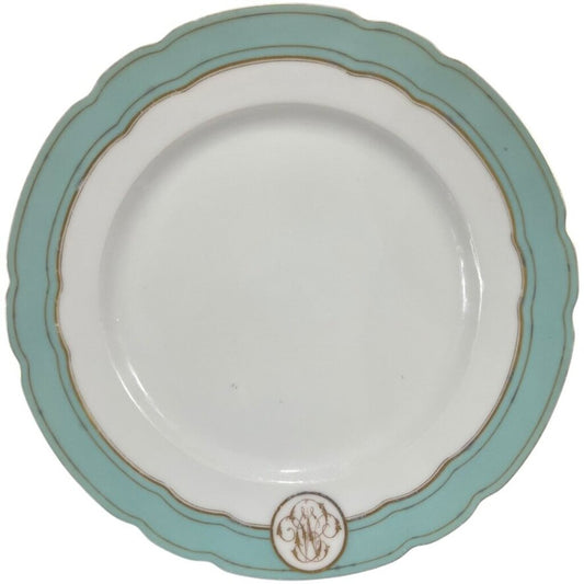 Levy Freres French Embroidered Porcelain Dinner Plates White, Teal & Gold Set of 8 9.5Lx9.5Wx1H