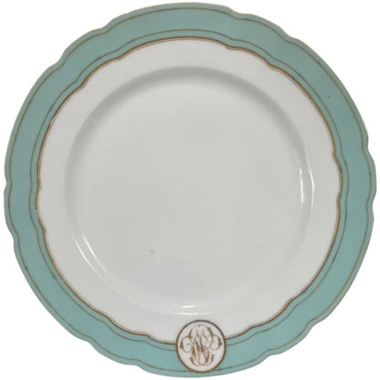 Levy Freres French Embroidered Porcelain Dinner Plates White, Teal & Gold Set of 8 9.5Lx9.5Wx1H
