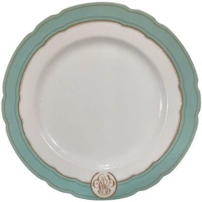 Levy Freres French Embroidered Porcelain Dinner Plates White, Teal & Gold Set of 8 9.5Lx9.5Wx1H