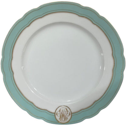 Levy Freres French Embroidered Porcelain Dinner Plates White, Teal & Gold Set of 8 9.5Lx9.5Wx1H