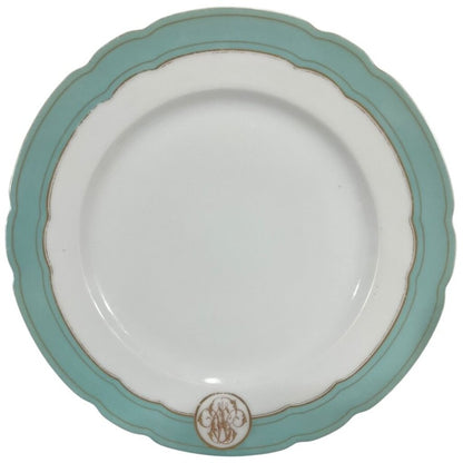 Levy Freres French Embroidered Porcelain Dinner Plates White, Teal & Gold Set of 8 9.5Lx9.5Wx1H