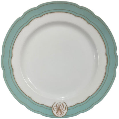 Levy Freres French Embroidered Porcelain Dinner Plates White, Teal & Gold Set of 8 9.5Lx9.5Wx1H
