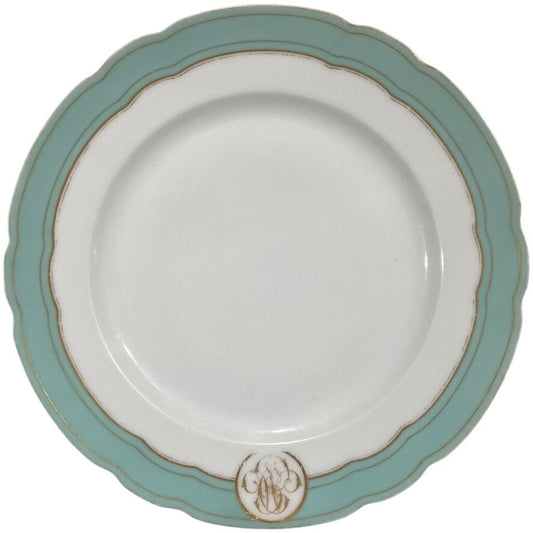 Levy Freres French Embroidered Porcelain Dinner Plates White, Teal & Gold Set of 8 9.5Lx9.5Wx1H