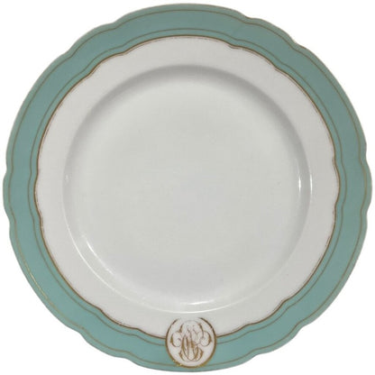 Levy Freres French Embroidered Porcelain Dinner Plates White, Teal & Gold Set of 8 9.5Lx9.5Wx1H