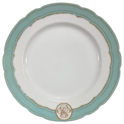 Levy Freres French Embroidered Porcelain Dinner Plates White, Teal & Gold Set of 8 9.5Lx9.5Wx1H
