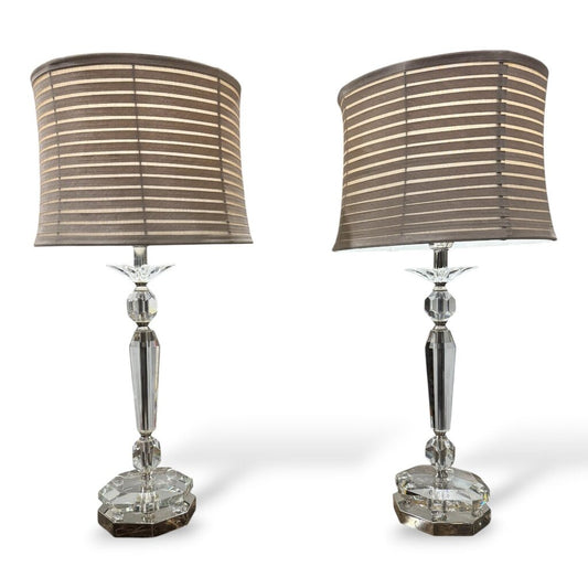 Pair of Frederick Cooper Crystal Lamps w/ Original Taupe Silk Banded Shades on Polished Chrome Base 14Lx14Wx29H