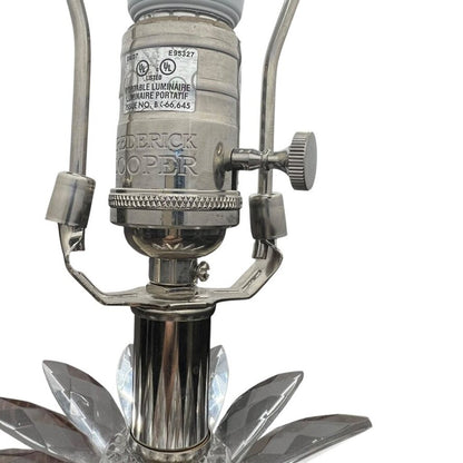 Pair of Frederick Cooper Crystal Lamps w/ Original Taupe Silk Banded Shades on Polished Chrome Base 14Lx14Wx29H