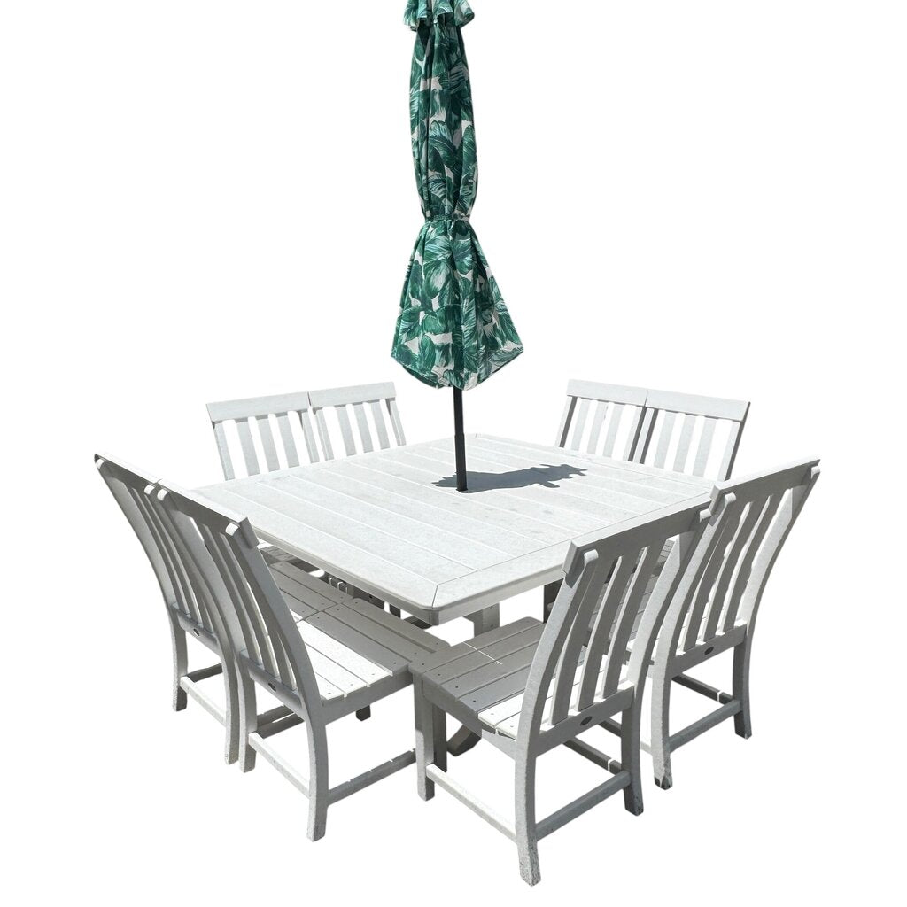 POLYWOOD 11pc All-Weather Patio Dining Set – w/ 8 Chairs & 60Lx60W Table, Umbrella & Stand