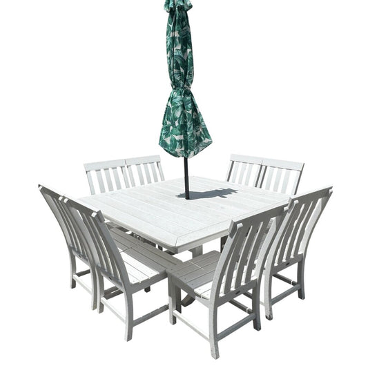 POLYWOOD 11pc All-Weather Patio Dining Set – w/ 8 Chairs & 60Lx60W Table, Umbrella & Stand