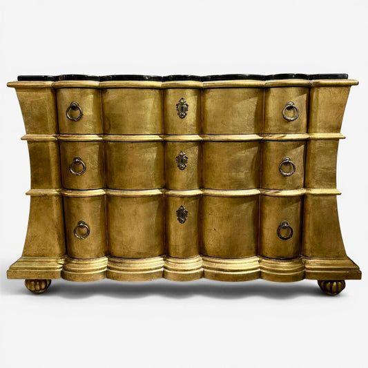 Pulaski Gold Leaf Bombe Chest w/ Black Marble Top 51Lx19Wx35H