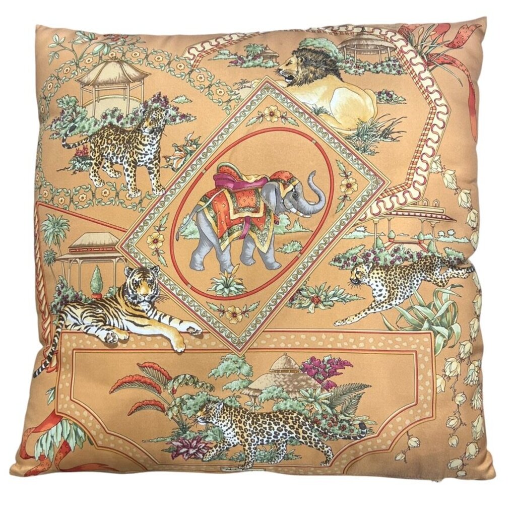 Rare Vintage Salvatore Ferragamo Safari Silk Scarf Pillow w/ Camel Ground 16"x16"
