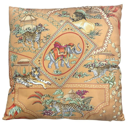 Rare Vintage Salvatore Ferragamo Safari Silk Scarf Pillow w/ Camel Ground 16"x16"