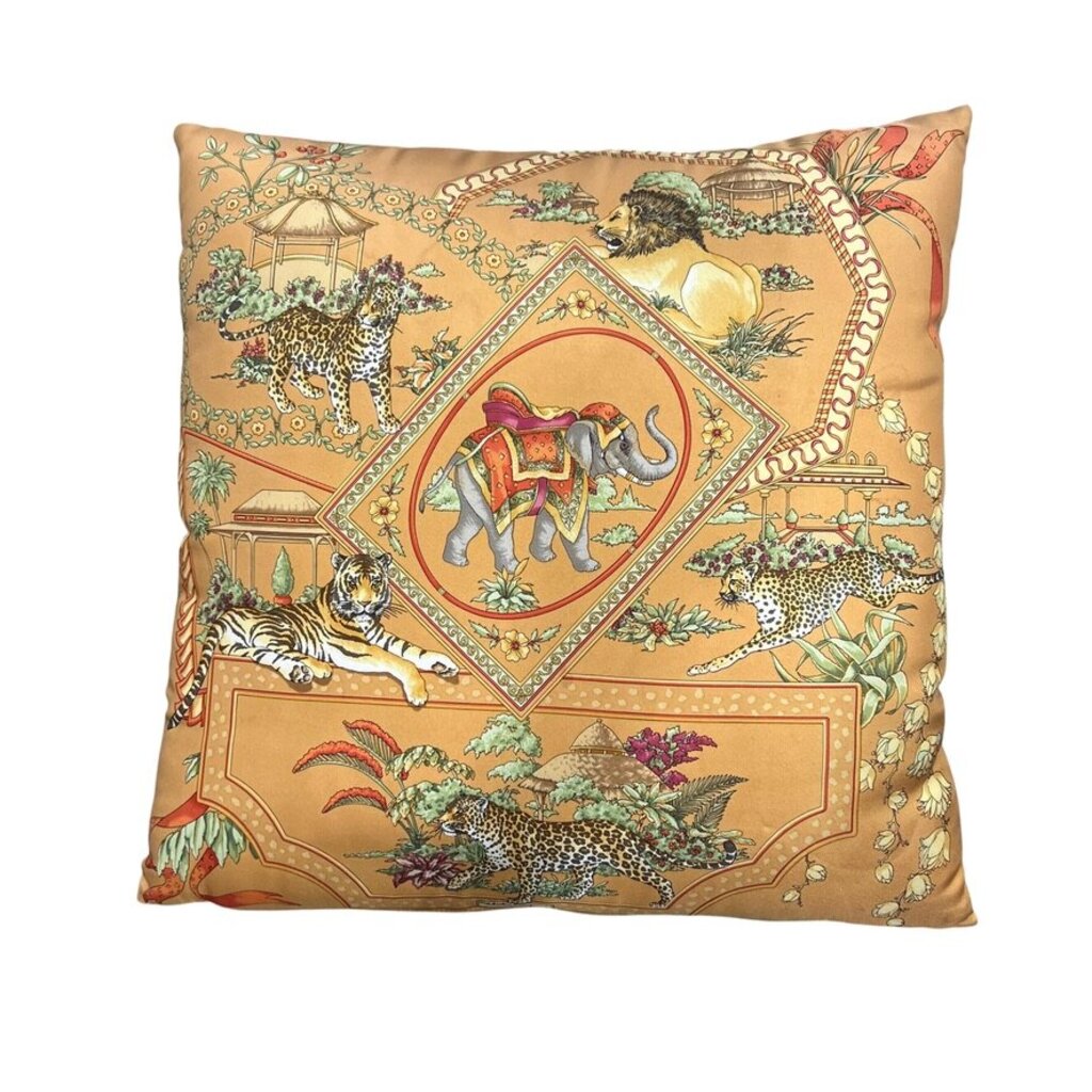 Rare Vintage Salvatore Ferragamo Safari Silk Scarf Pillow w/ Camel Ground 16"x16"