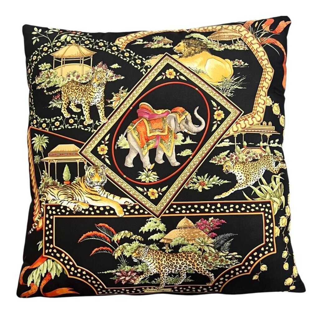 Rare Vintage Salvatore Ferragamo Safari Silk Scarf Pillow w/ Black Background 16"x16"