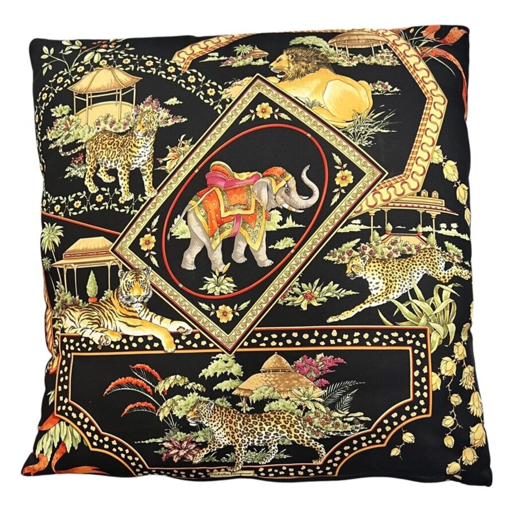 Rare Vintage Salvatore Ferragamo Safari Silk Scarf Pillow w/ Black Background 16"x16"