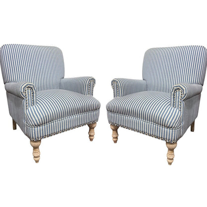 Pair of Blue-and-White Stripe Accent Chairs w/ Whitewash Wooden Legs 29Lx30Wx36H